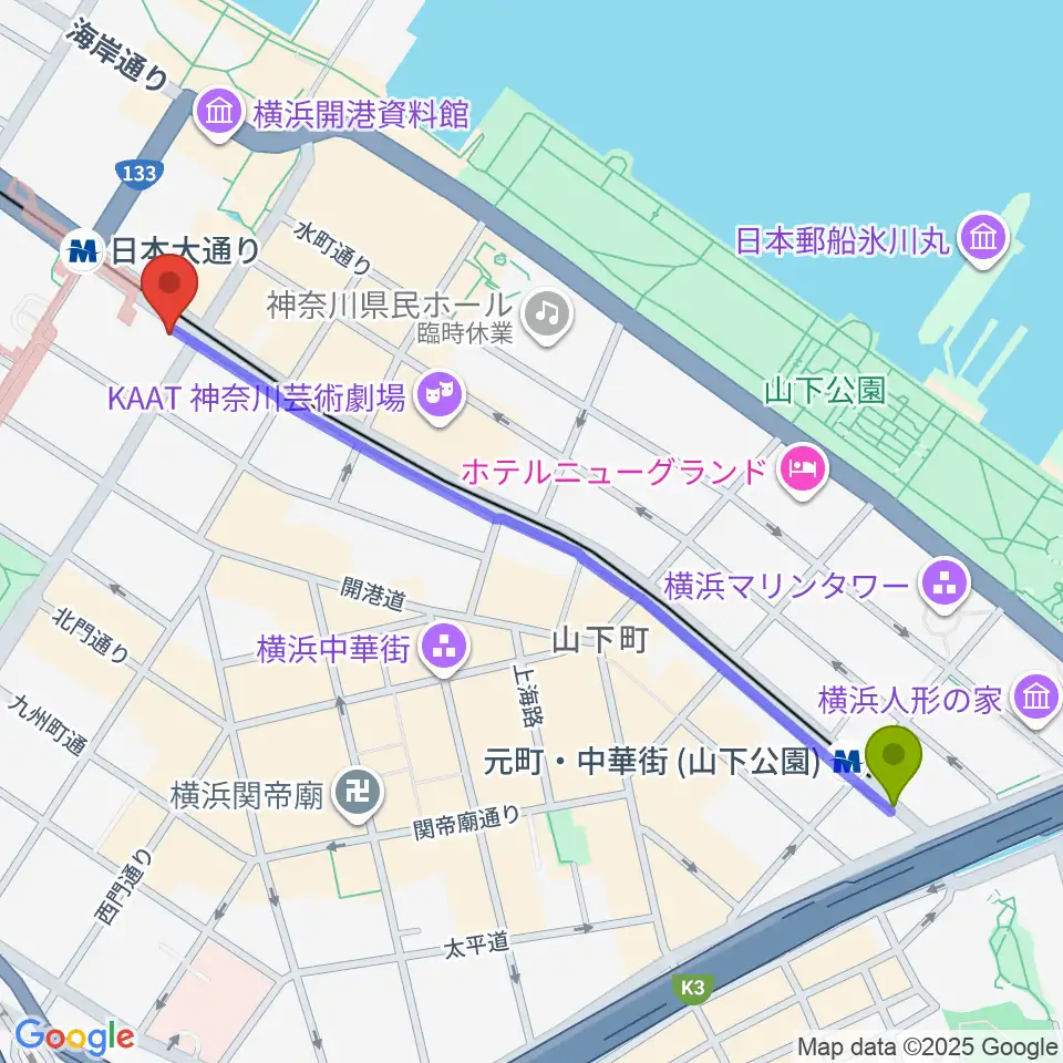 元町・中華街駅から横浜都市発展記念館へのルートマップ地図