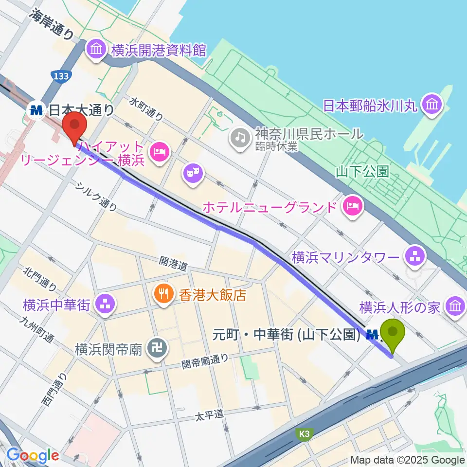 元町・中華街駅から横浜都市発展記念館へのルートマップ地図