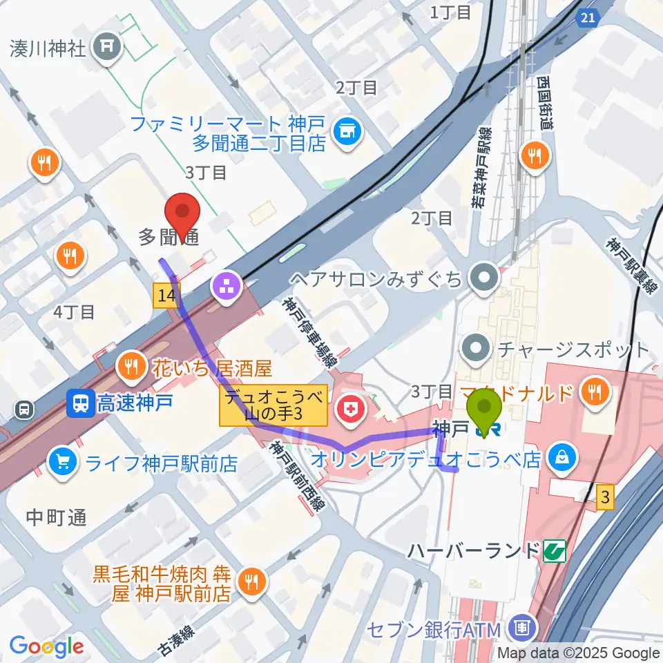 神戸駅から湊川神社宝物殿へのルートマップ地図