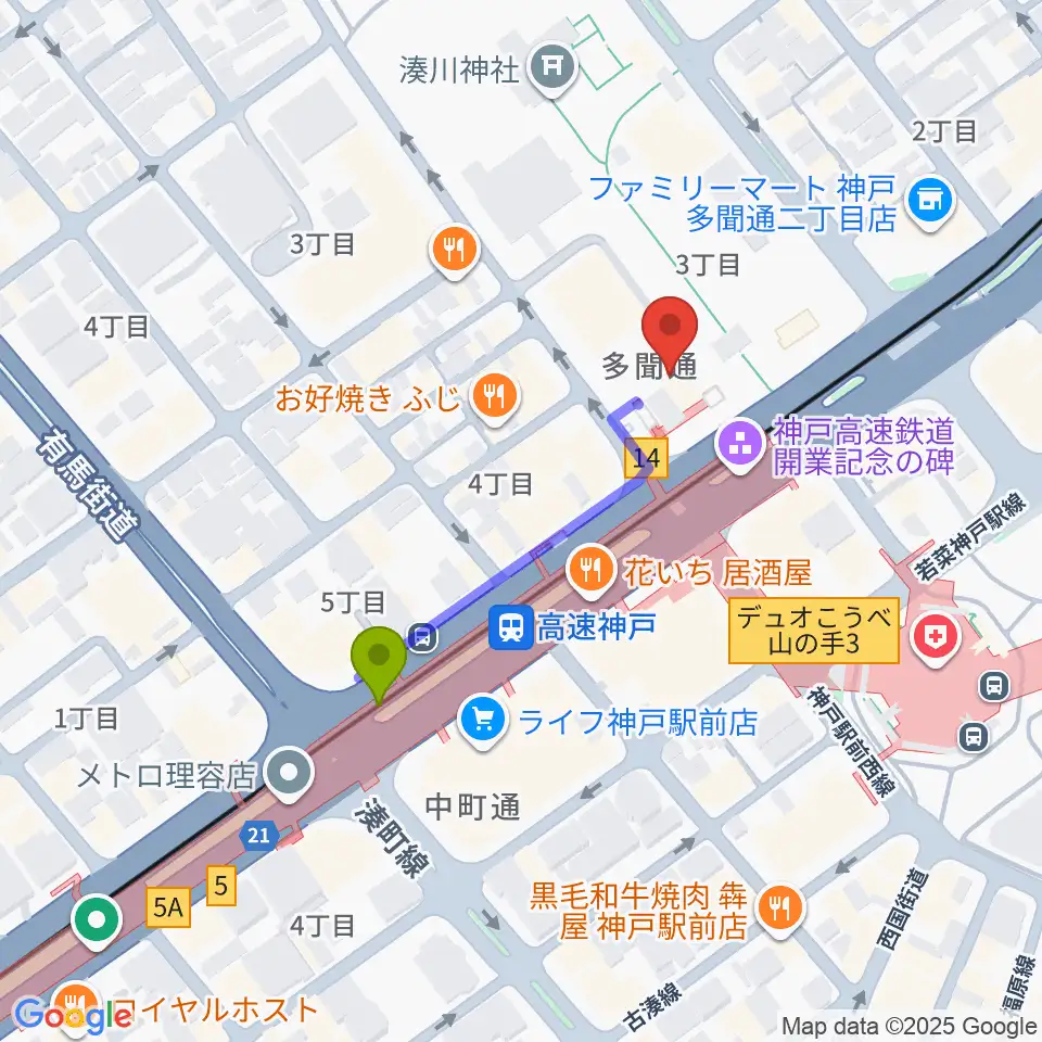 湊川神社宝物殿の最寄駅高速神戸駅からの徒歩ルート（約3分）地図