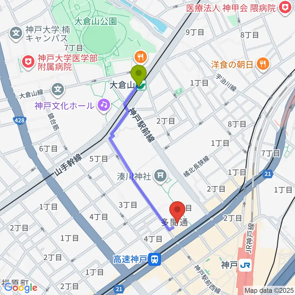 大倉山駅から湊川神社宝物殿へのルートマップ地図
