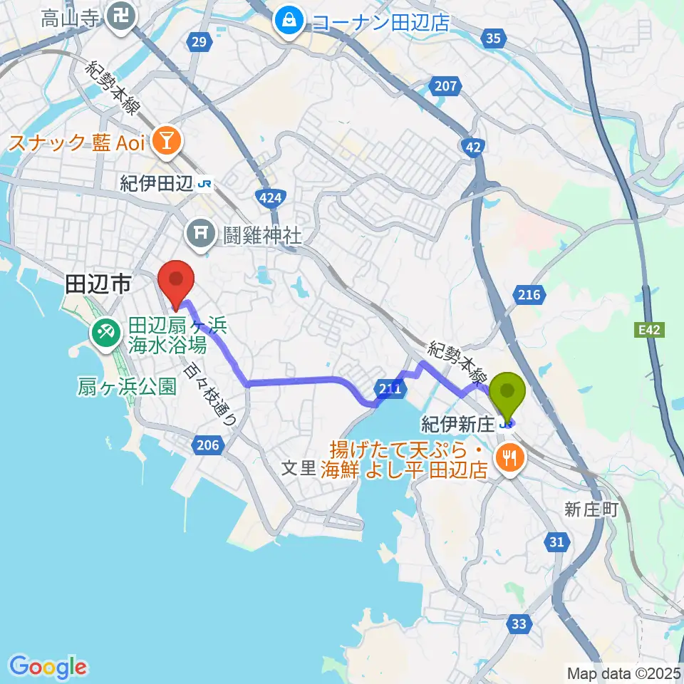 紀伊新庄駅から田辺市立歴史民俗資料館へのルートマップ地図