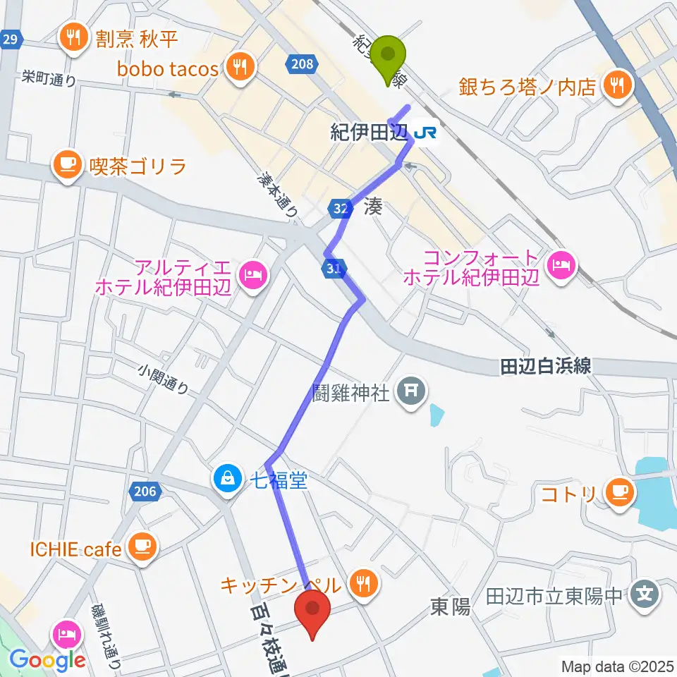 田辺市立歴史民俗資料館の最寄駅紀伊田辺駅からの徒歩ルート（約13分）地図