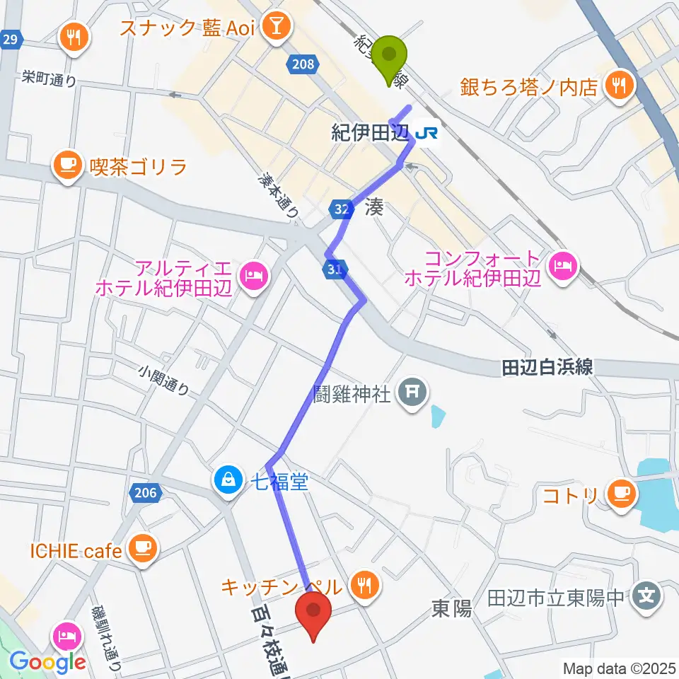 田辺市立歴史民俗資料館の最寄駅紀伊田辺駅からの徒歩ルート（約13分）地図