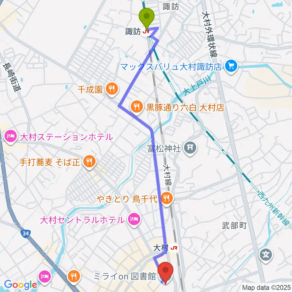 諏訪駅から大村市歴史資料館へのルートマップ地図