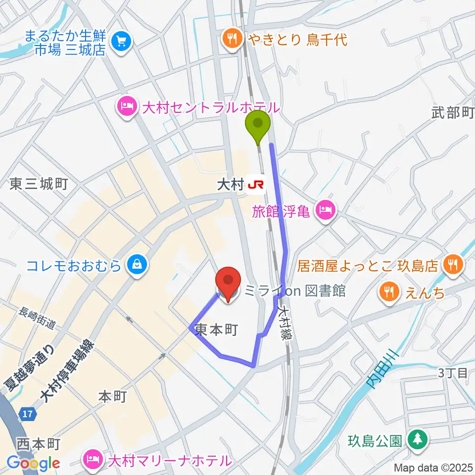 大村市歴史資料館の最寄駅大村駅からの徒歩ルート（約5分）地図