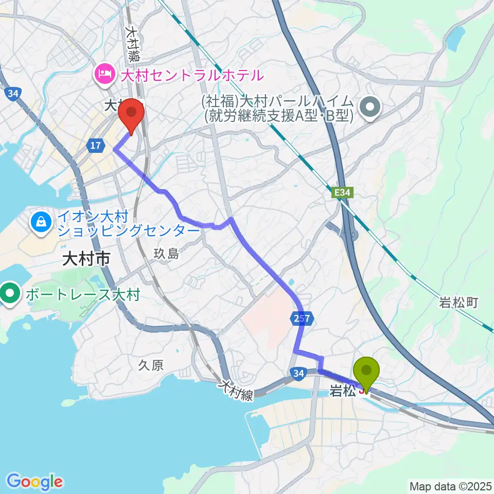 岩松駅から大村市歴史資料館へのルートマップ地図