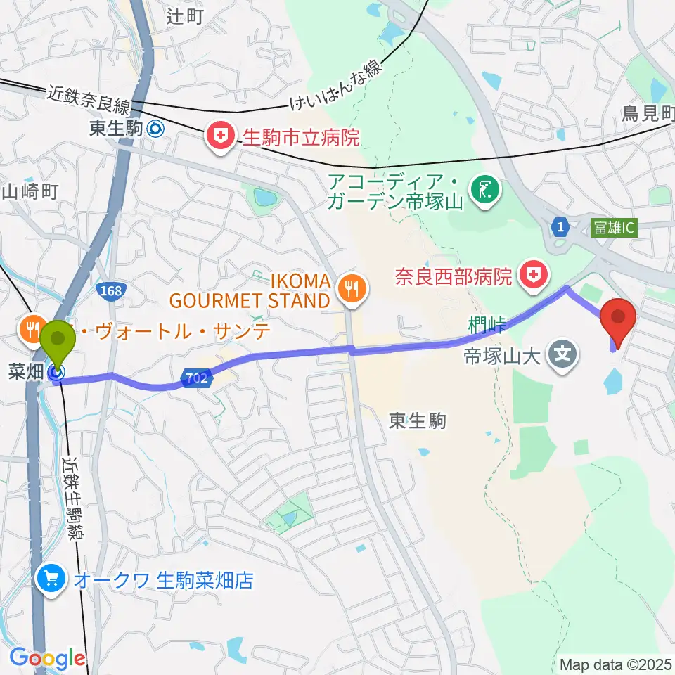 菜畑駅から帝塚山大学附属博物館へのルートマップ地図