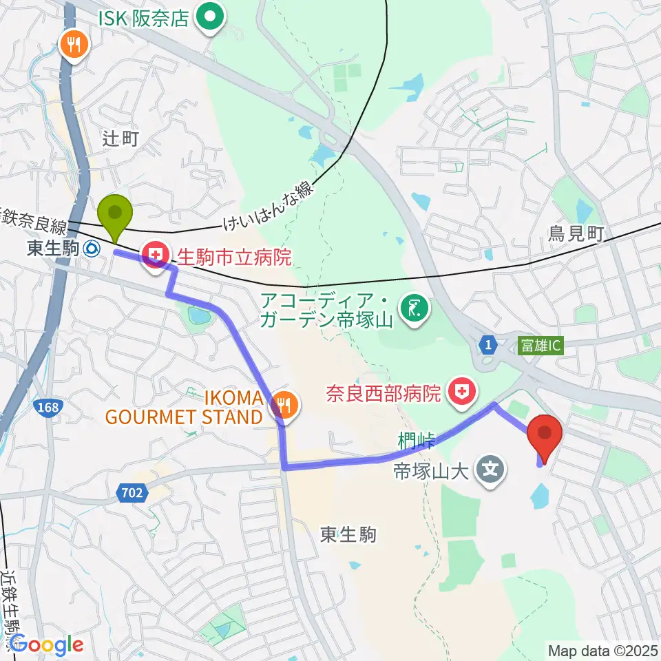 東生駒駅から帝塚山大学附属博物館へのルートマップ地図