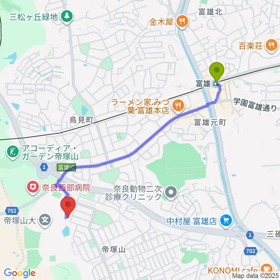 帝塚山大学附属博物館の最寄駅富雄駅からの徒歩ルート（約22分）地図
