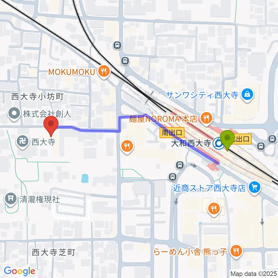 西大寺聚宝館の最寄駅大和西大寺駅からの徒歩ルート（約5分）地図