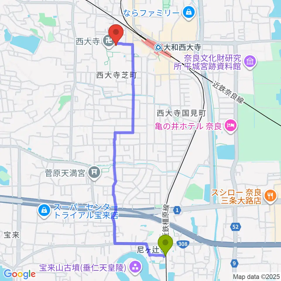 尼ヶ辻駅から西大寺聚宝館へのルートマップ地図