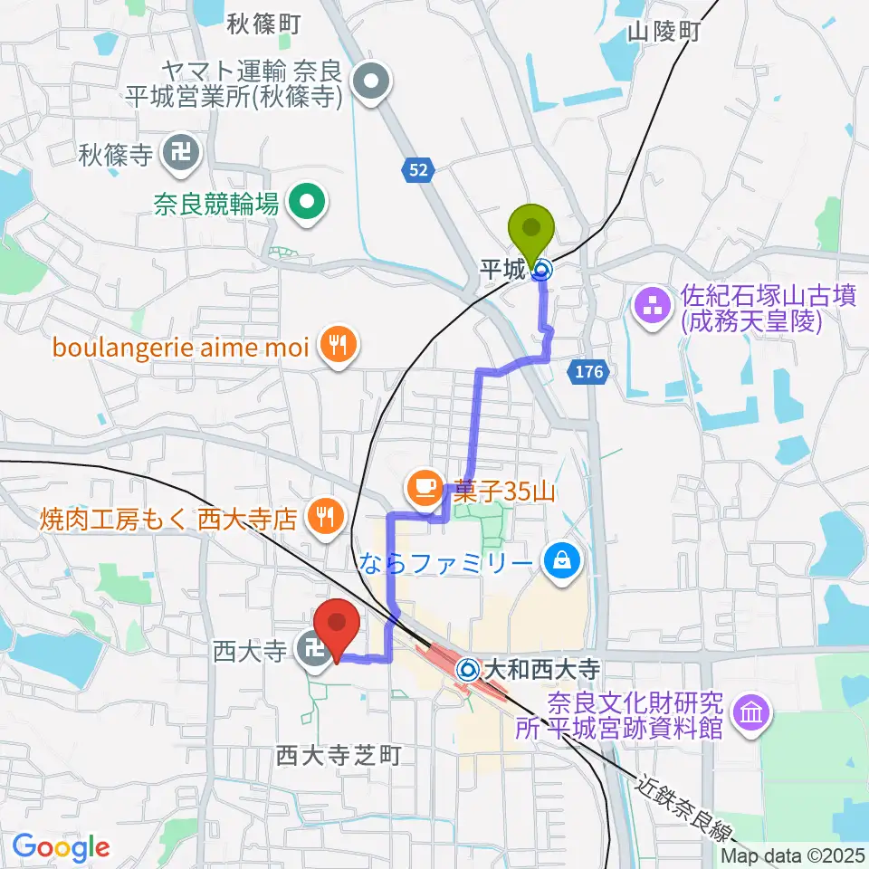 平城駅から西大寺聚宝館へのルートマップ地図