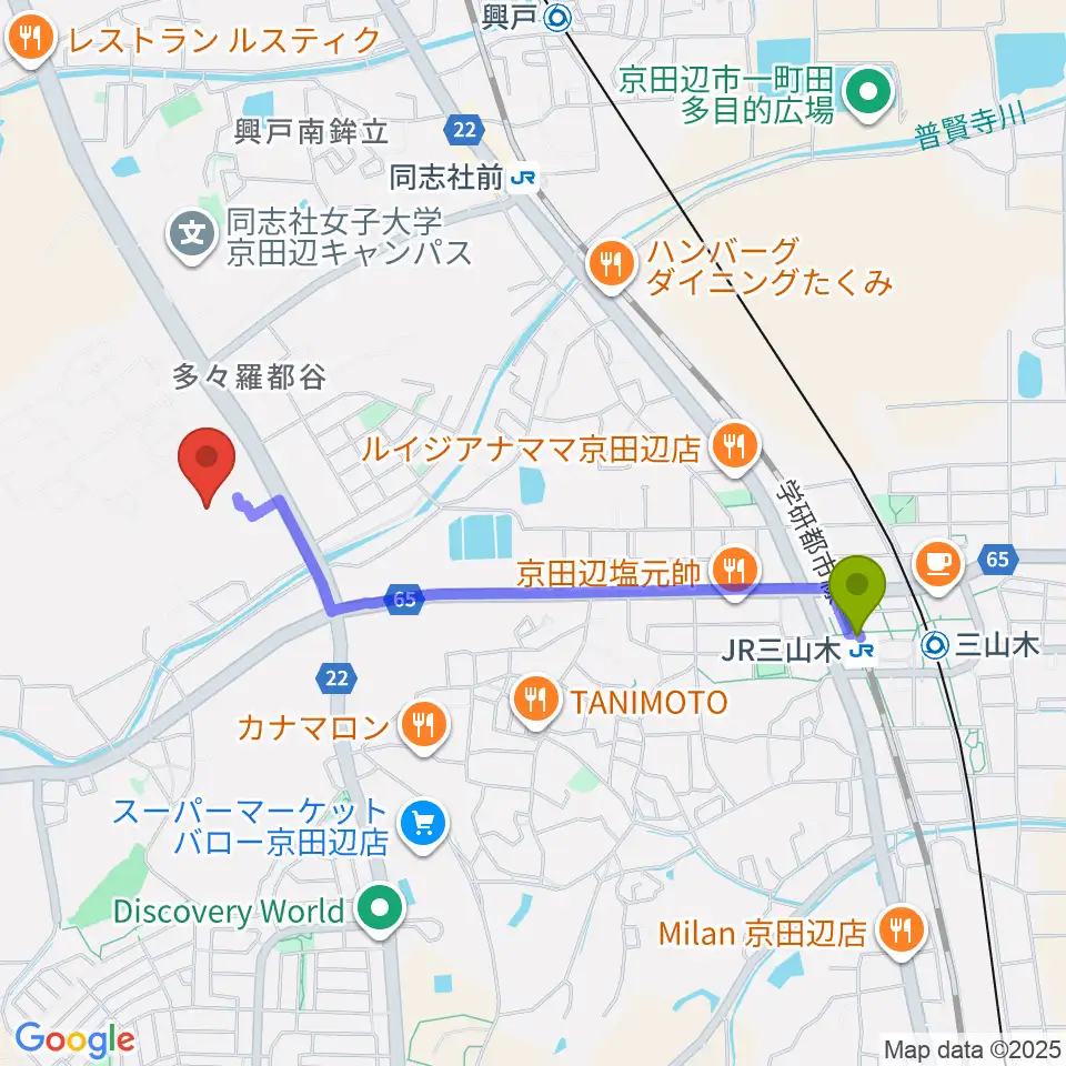 ＪＲ三山木駅から同志社大学歴史資料館へのルートマップ地図