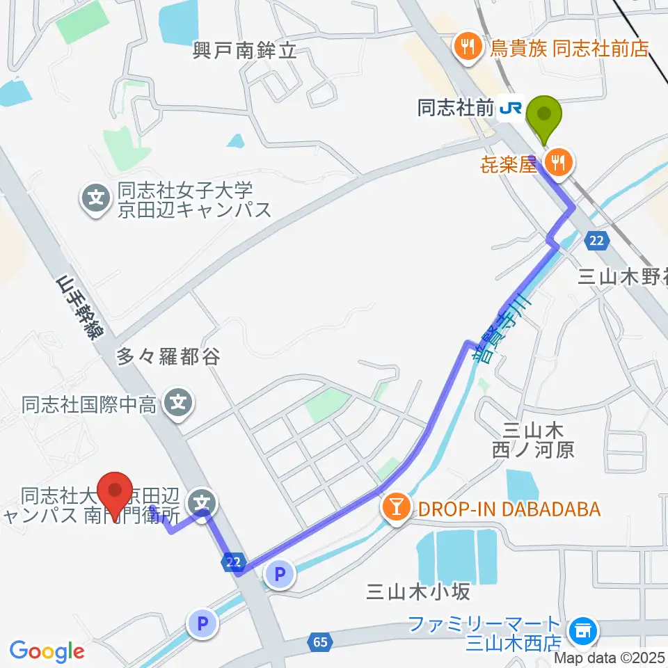 同志社大学歴史資料館の最寄駅同志社前駅からの徒歩ルート（約13分）地図