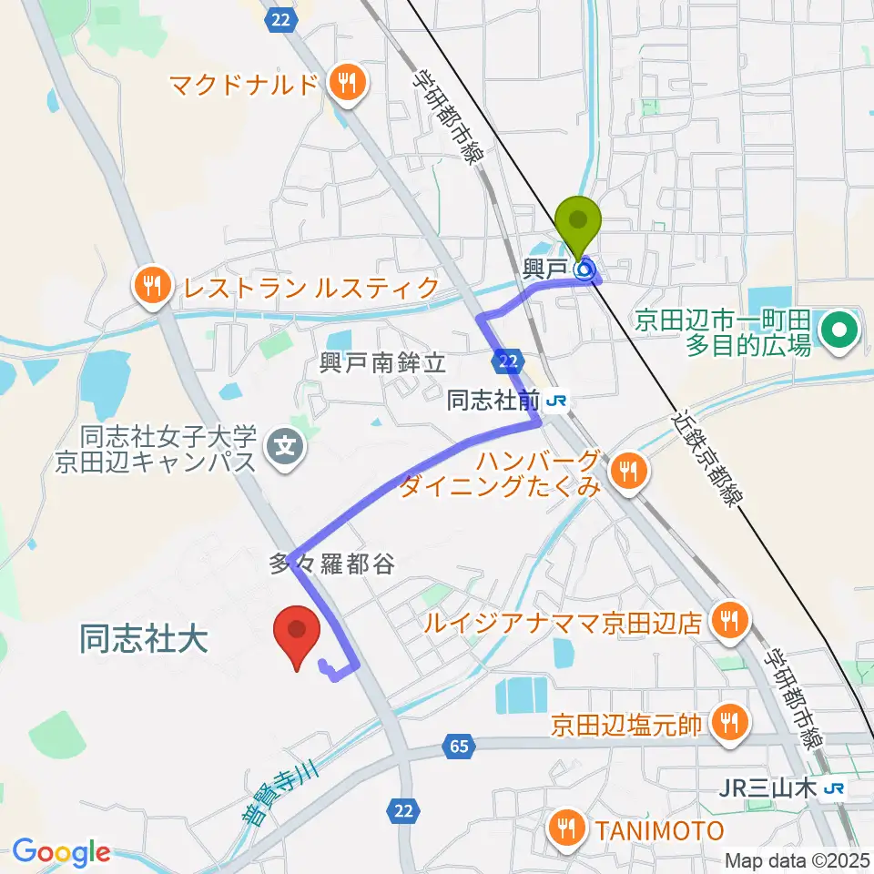 興戸駅から同志社大学歴史資料館へのルートマップ地図