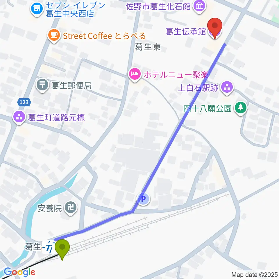 佐野市葛生伝承館の最寄駅葛生駅からの徒歩ルート（約7分）地図