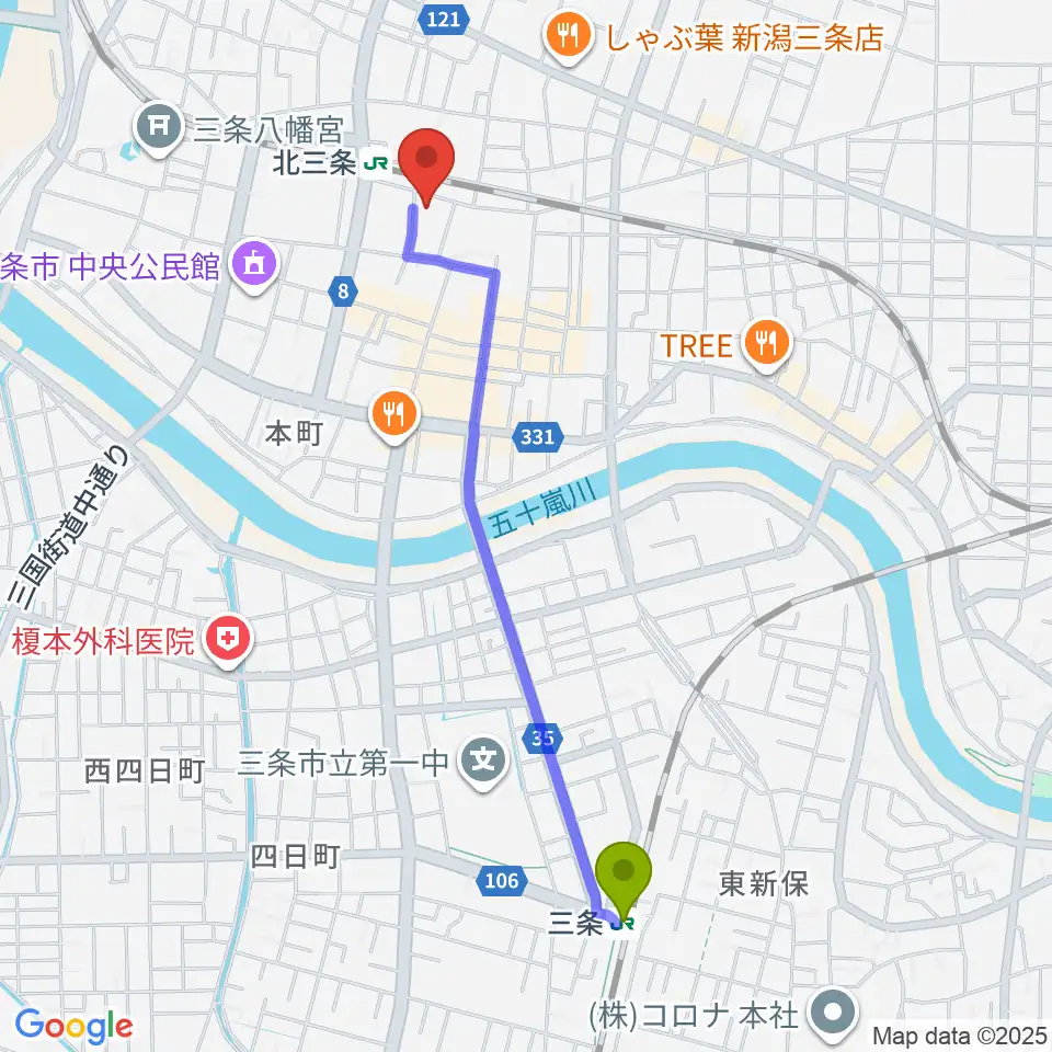 三条駅から三条市歴史民俗産業資料館へのルートマップ地図