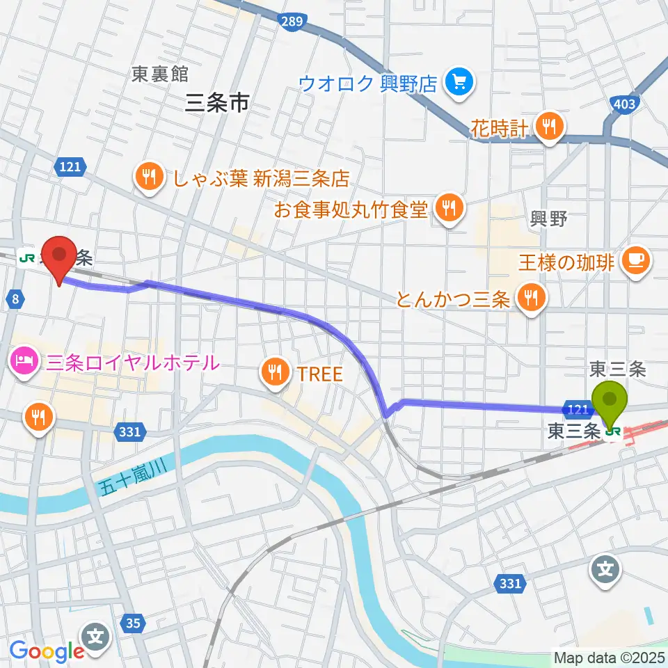 東三条駅から三条市歴史民俗産業資料館へのルートマップ地図