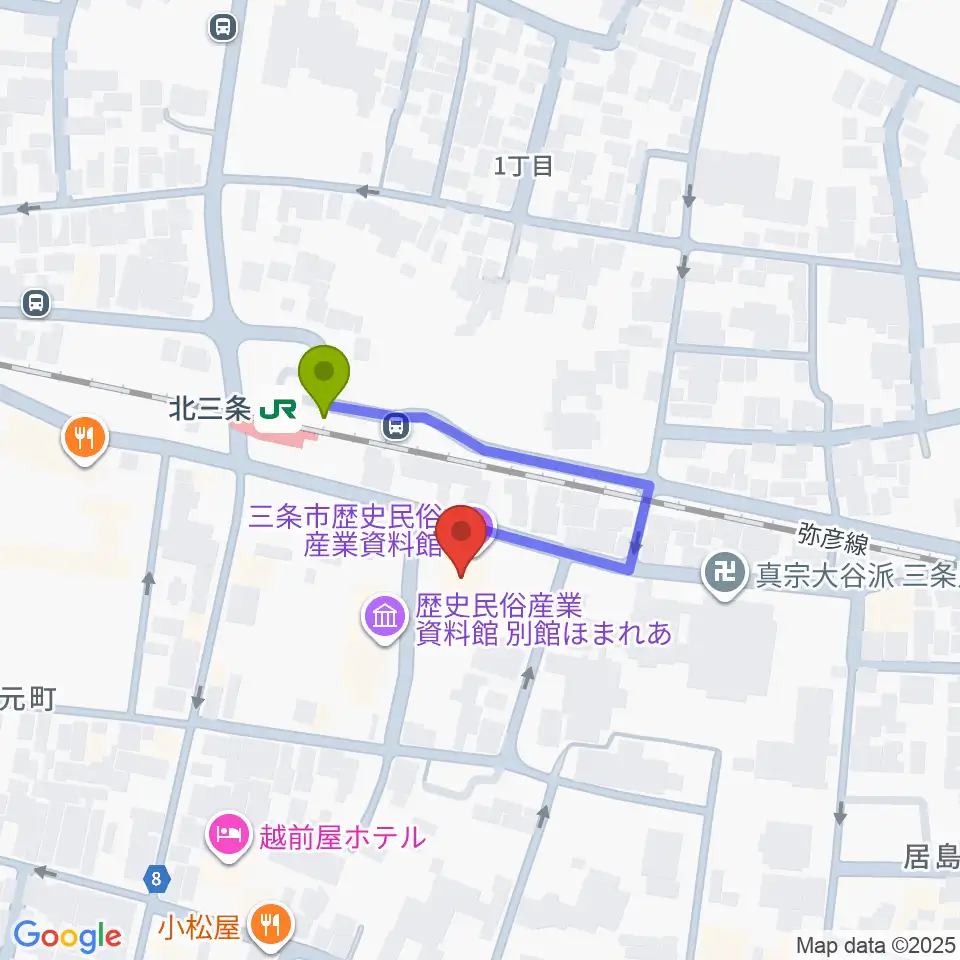 三条市歴史民俗産業資料館の最寄駅北三条駅からの徒歩ルート（約2分）地図