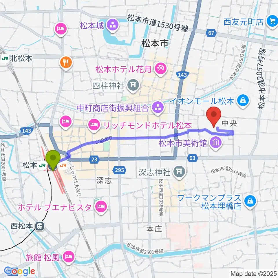 テスコム・エレコム武道場の最寄駅松本駅からの徒歩ルート（約18分）地図