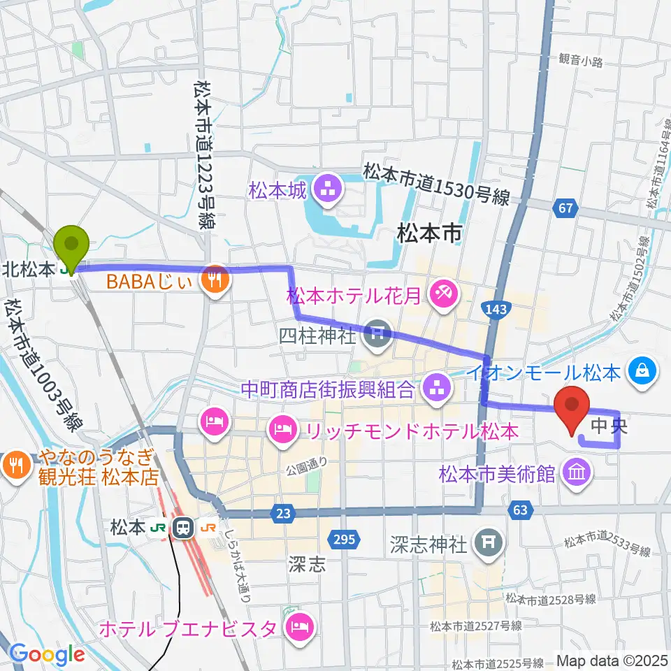 北松本駅からテスコム・エレコム武道場へのルートマップ地図