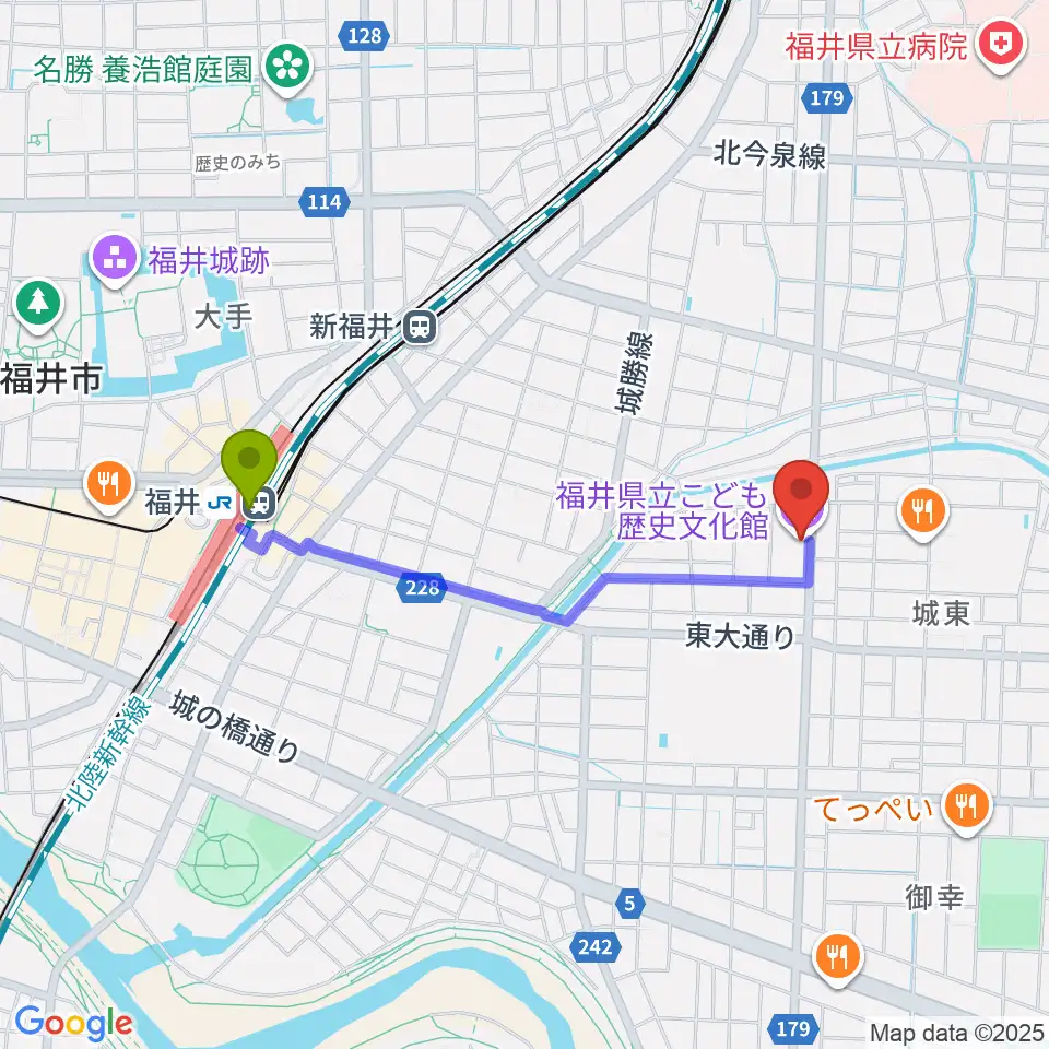 福井駅から福井県立こども歴史文化館へのルートマップ地図