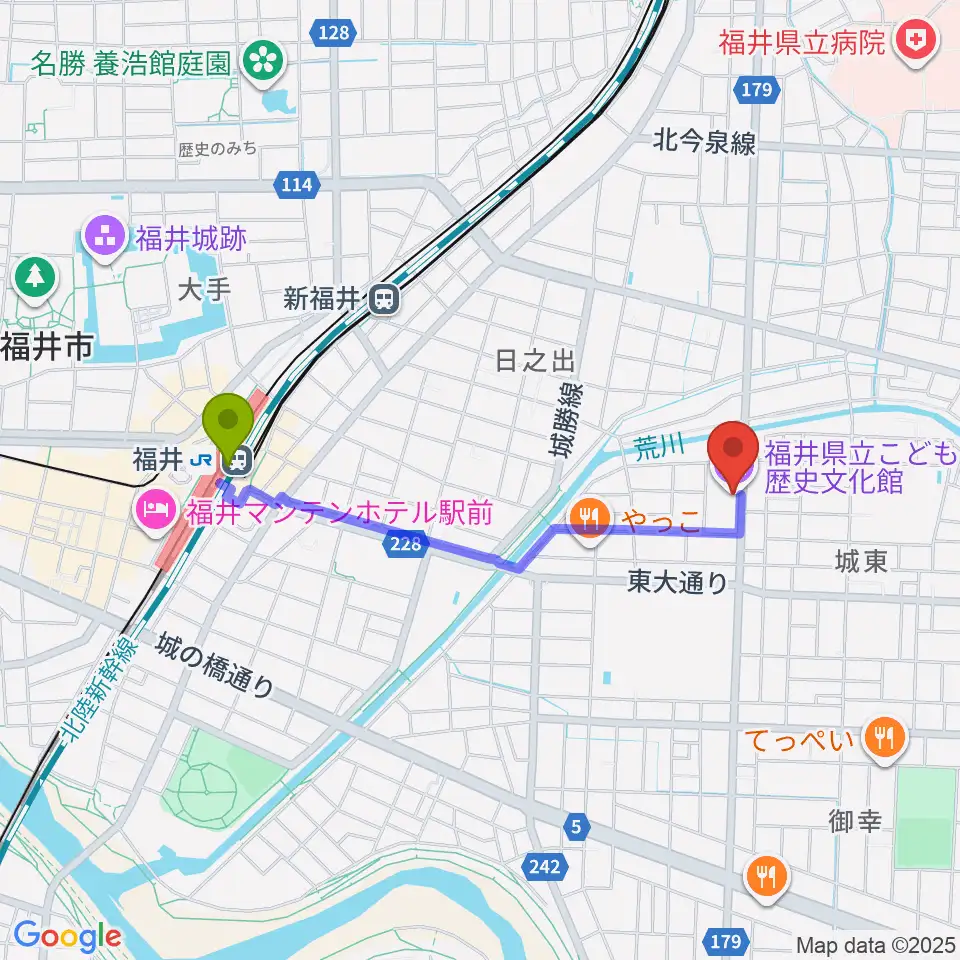 福井駅から福井県立こども歴史文化館へのルートマップ地図
