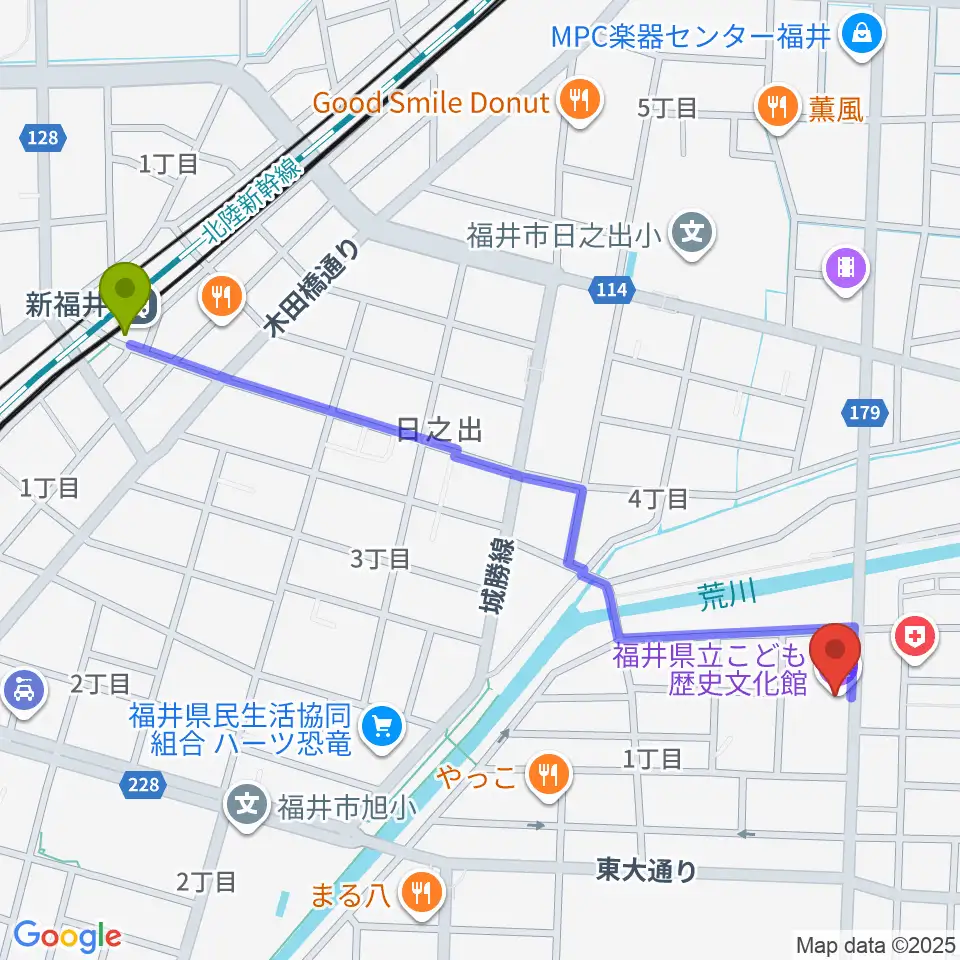 福井県立こども歴史文化館の最寄駅新福井駅からの徒歩ルート（約13分）地図