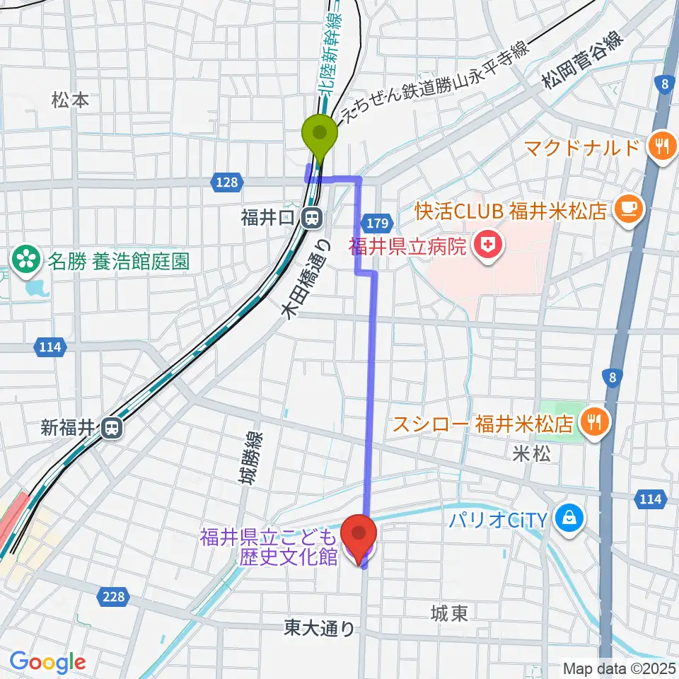 福井口駅から福井県立こども歴史文化館へのルートマップ地図