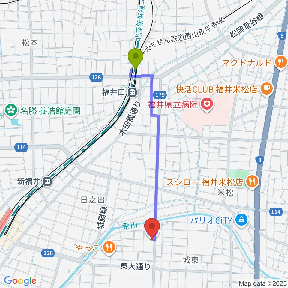 福井口駅から福井県立こども歴史文化館へのルートマップ地図
