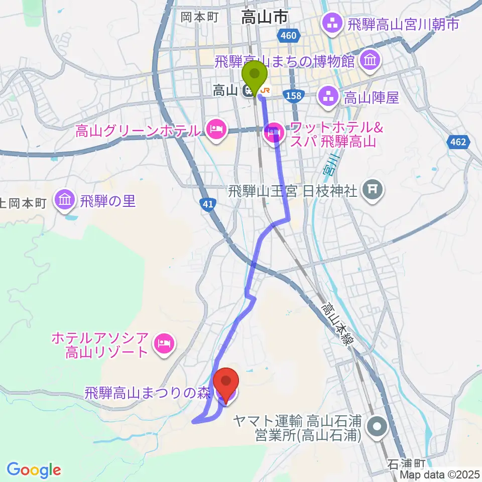 飛騨高山まつりの森ミュージアムの最寄駅高山駅からの徒歩ルート（約39分）地図