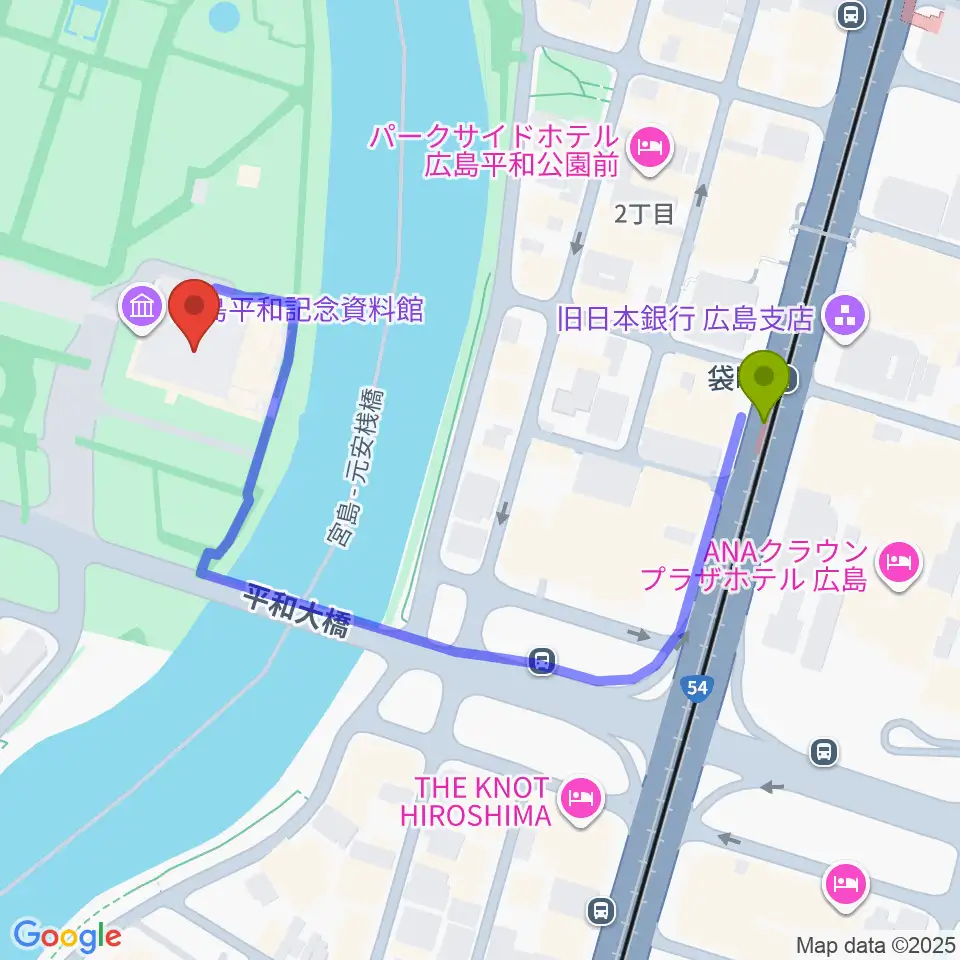 広島平和記念資料館の最寄駅袋町駅からの徒歩ルート（約5分）地図