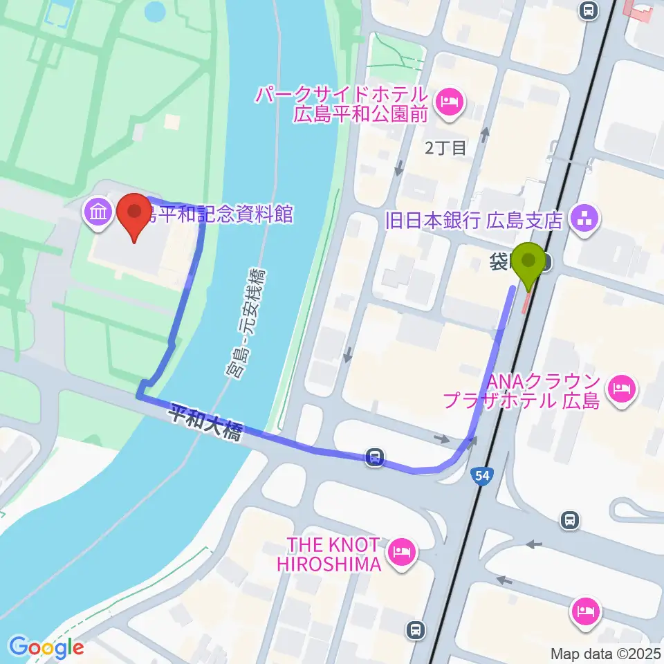 広島平和記念資料館の最寄駅袋町駅からの徒歩ルート（約5分）地図