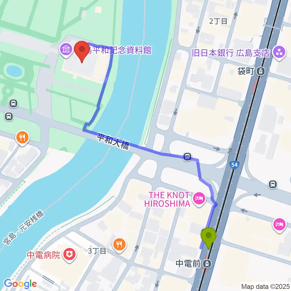 中電前駅から広島平和記念資料館へのルートマップ地図