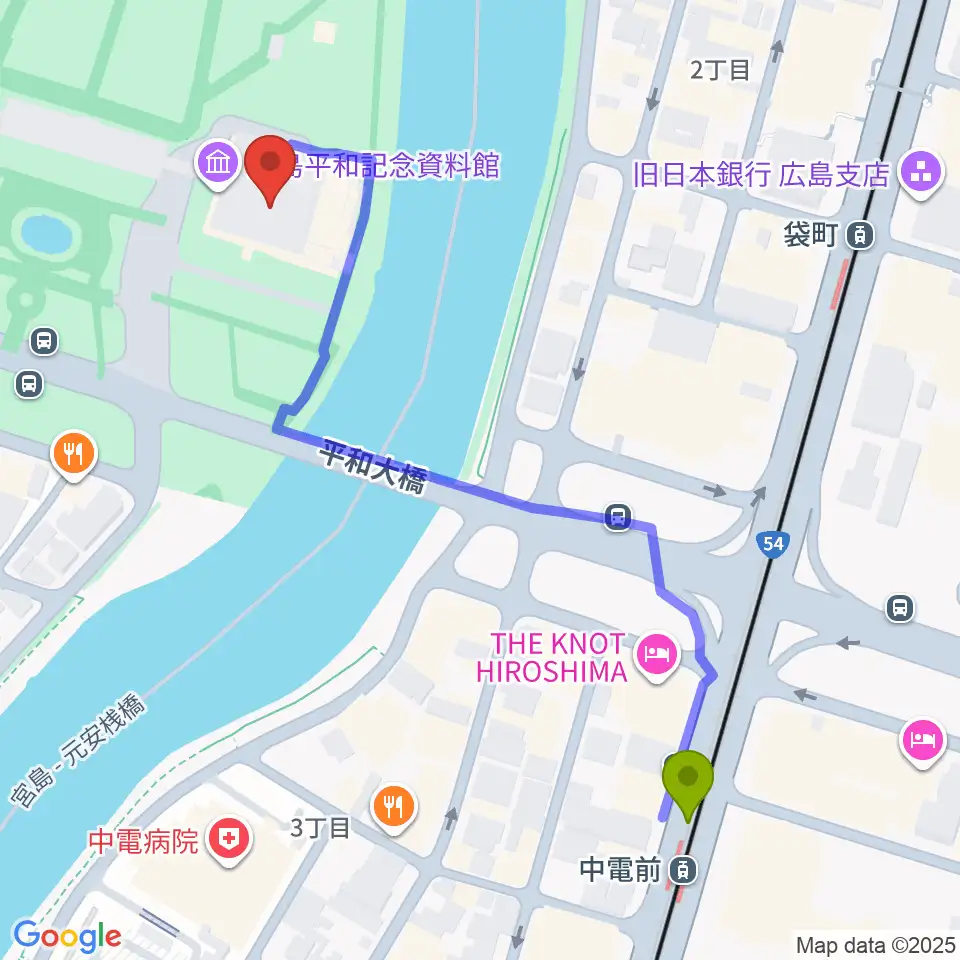 中電前駅から広島平和記念資料館へのルートマップ地図
