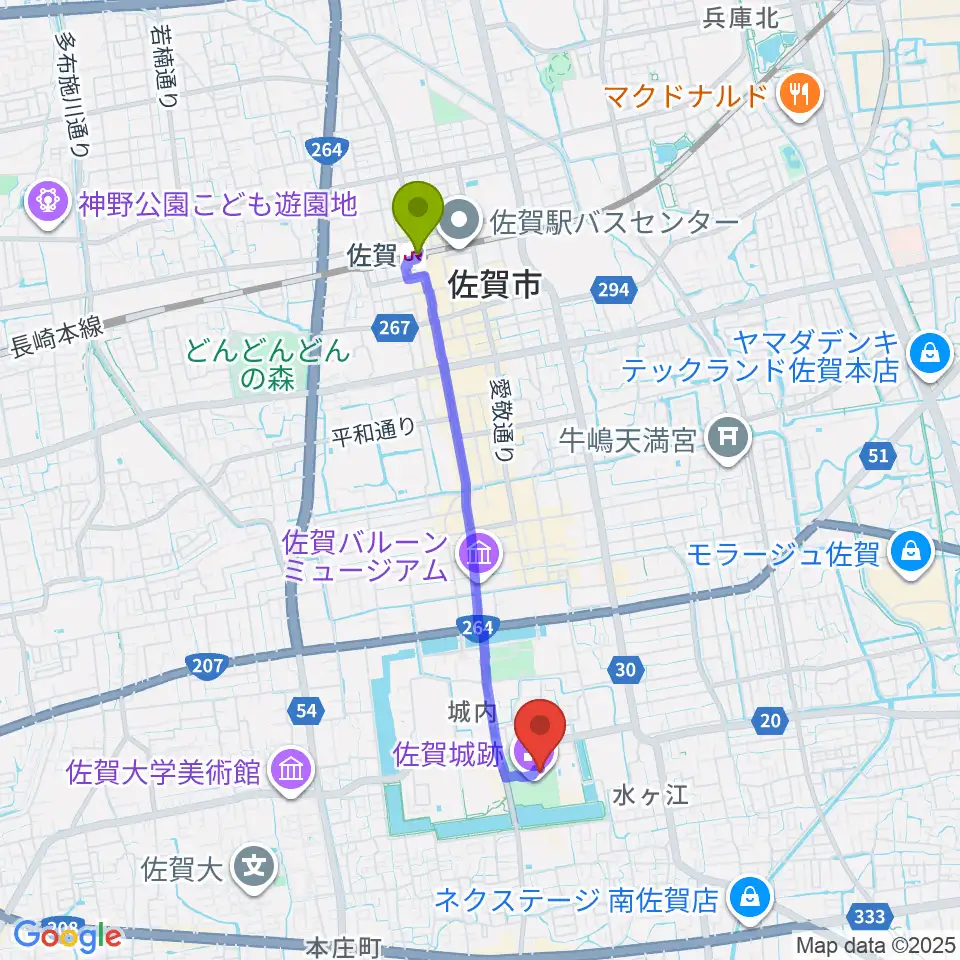 佐賀県立佐賀城本丸歴史館の最寄駅佐賀駅からの徒歩ルート（約35分）地図