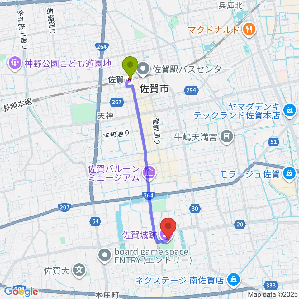 佐賀県立佐賀城本丸歴史館の最寄駅佐賀駅からの徒歩ルート（約35分）地図