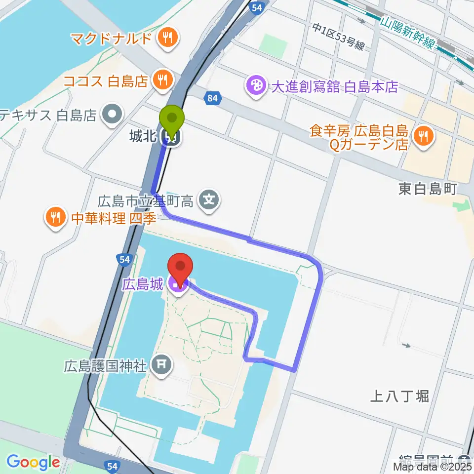 広島城天守の最寄駅城北駅からの徒歩ルート（約5分）地図