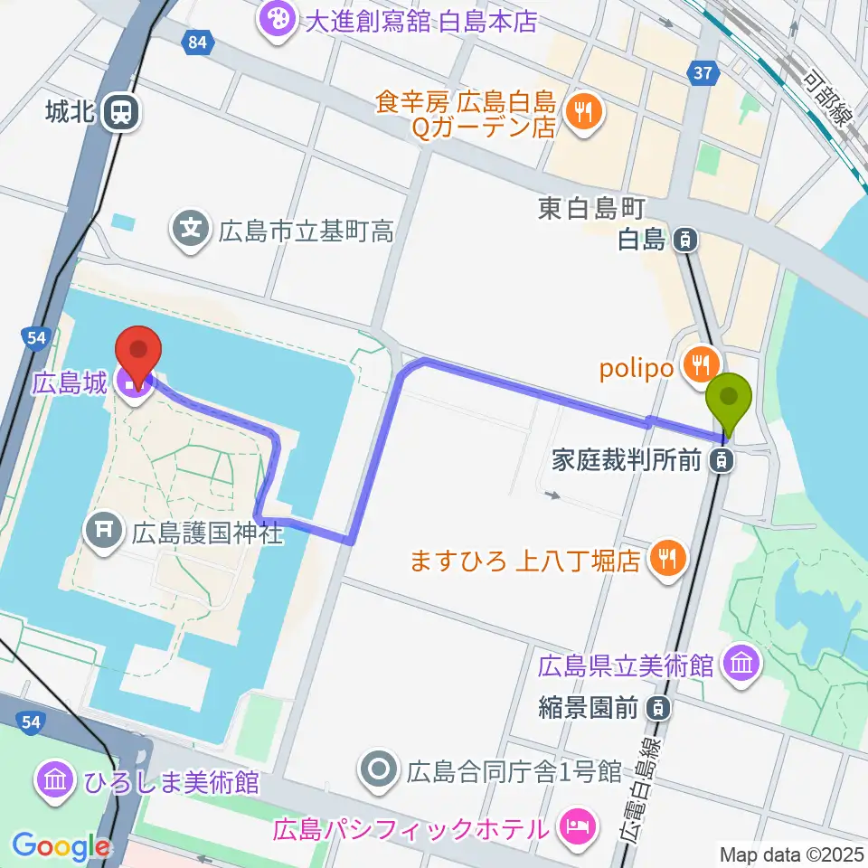 家庭裁判所前駅から広島城天守へのルートマップ地図