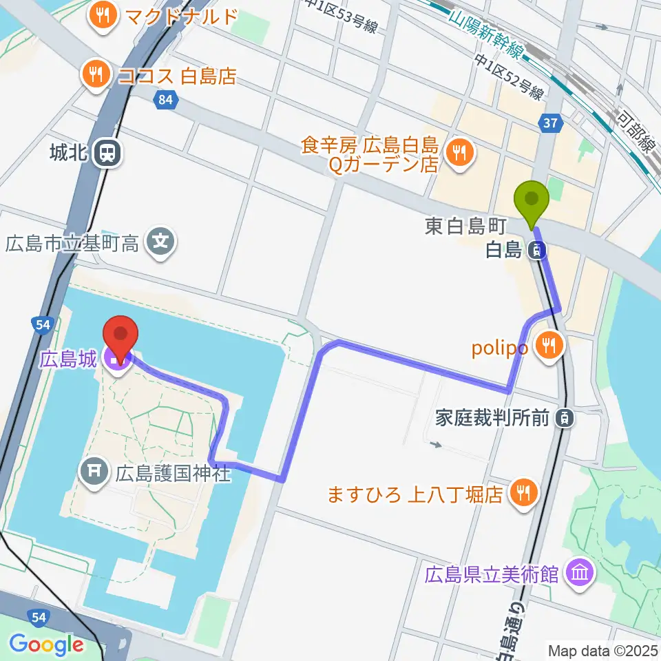 白島駅から広島城天守へのルートマップ地図