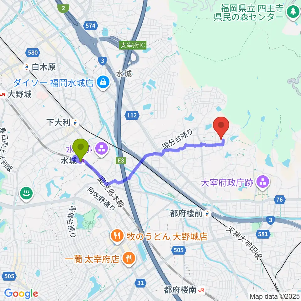 水城駅から太宰府市文化ふれあい館へのルートマップ地図