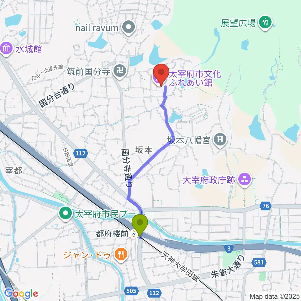 太宰府市文化ふれあい館の最寄駅都府楼前駅からの徒歩ルート（約16分）地図