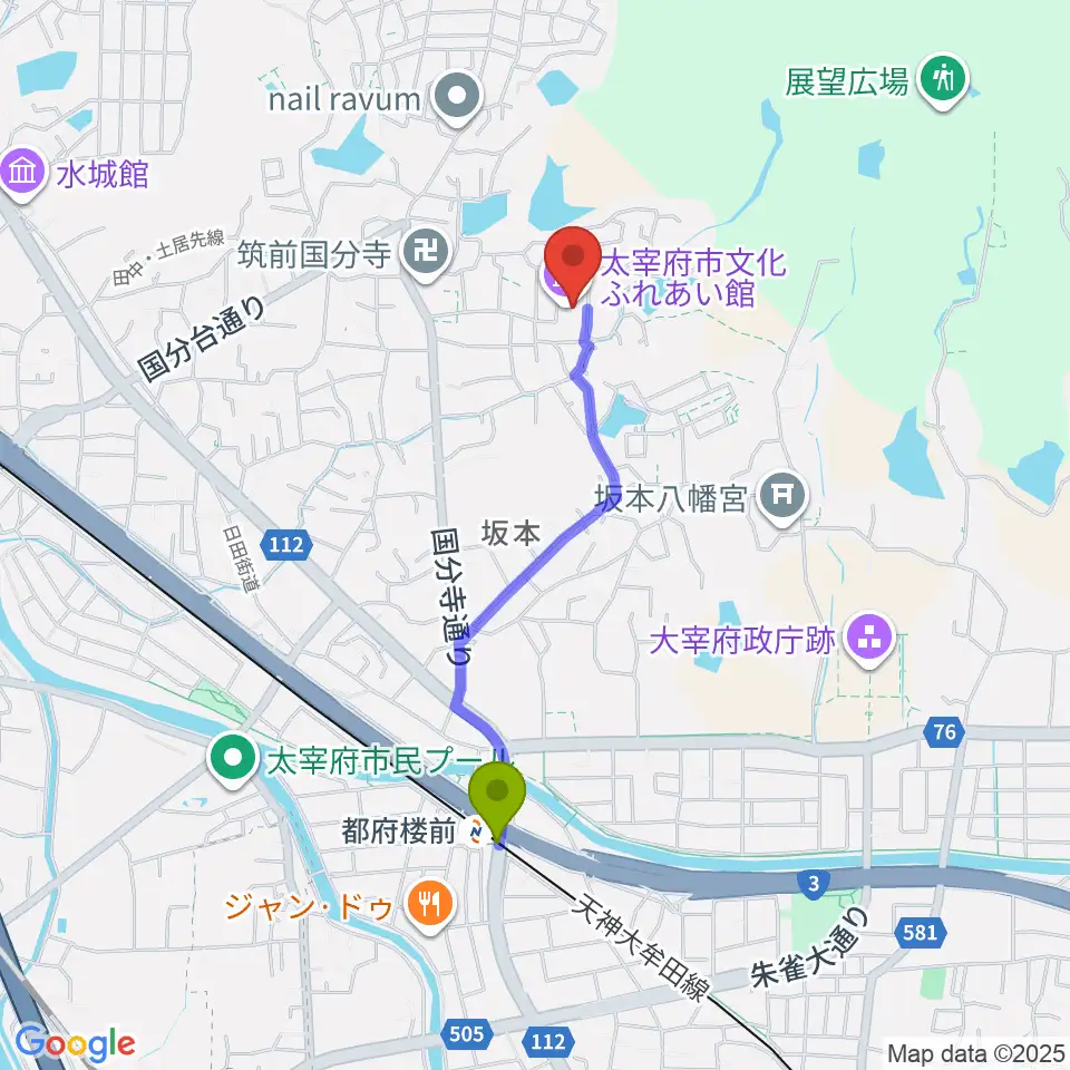 太宰府市文化ふれあい館の最寄駅都府楼前駅からの徒歩ルート（約16分）地図
