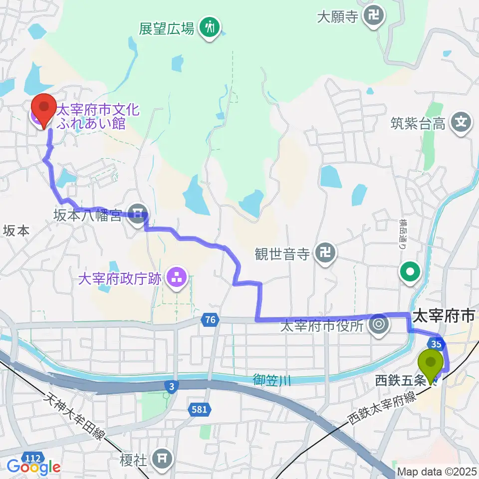 西鉄五条駅から太宰府市文化ふれあい館へのルートマップ地図