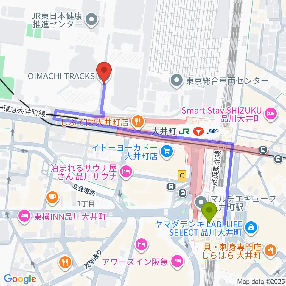 TOHOシネマズ 大井町の最寄駅大井町駅からの徒歩ルート（約5分）地図