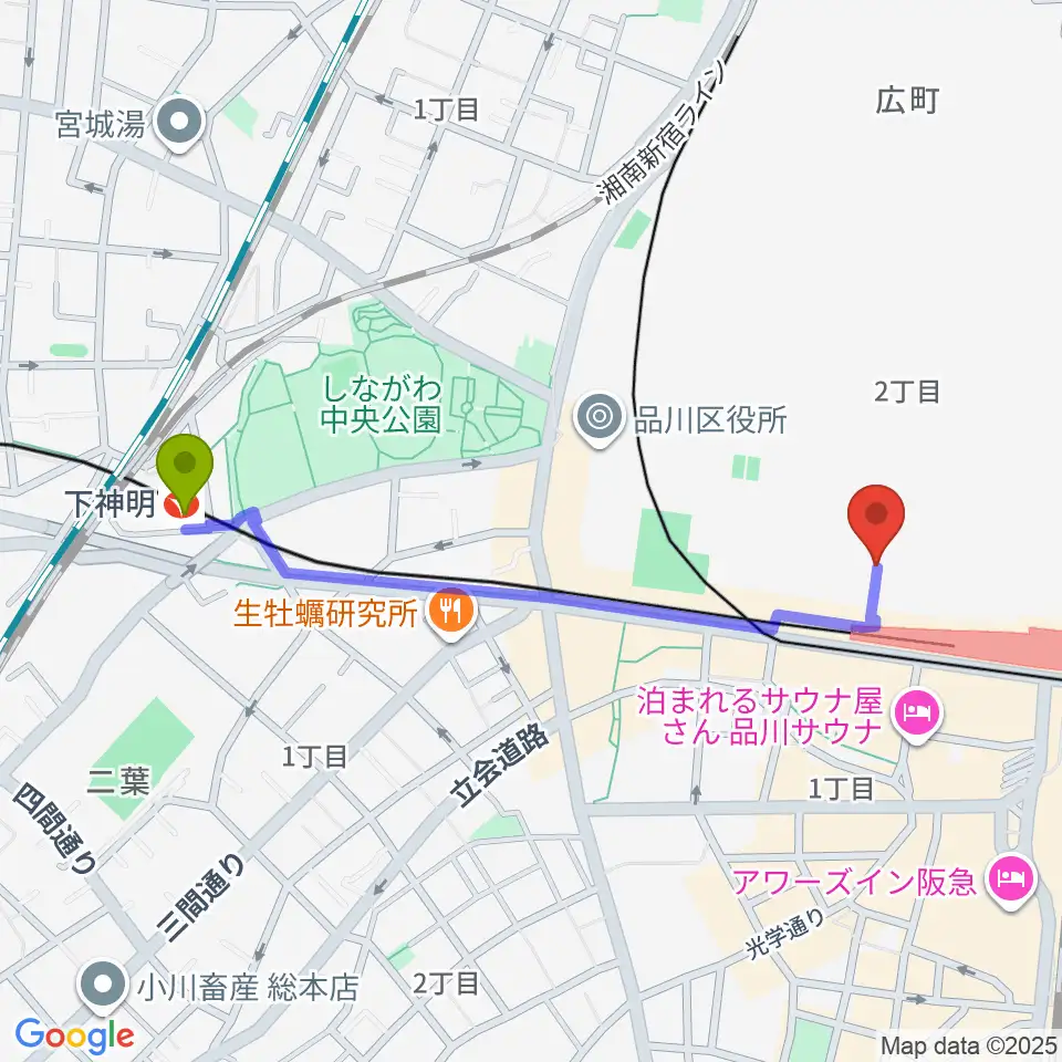 下神明駅からTOHOシネマズ 大井町へのルートマップ地図