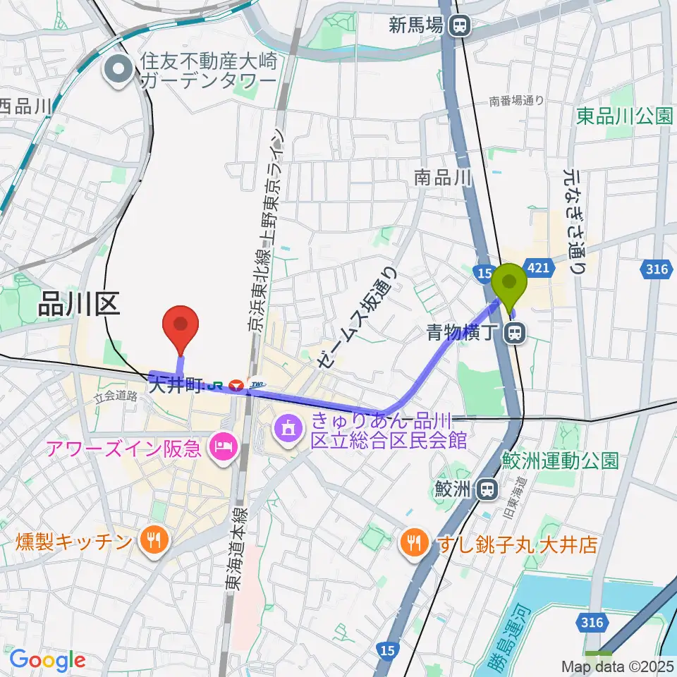 青物横丁駅からTOHOシネマズ 大井町へのルートマップ地図