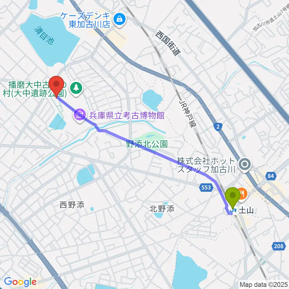 播磨町郷土資料館の最寄駅土山駅からの徒歩ルート（約23分）地図