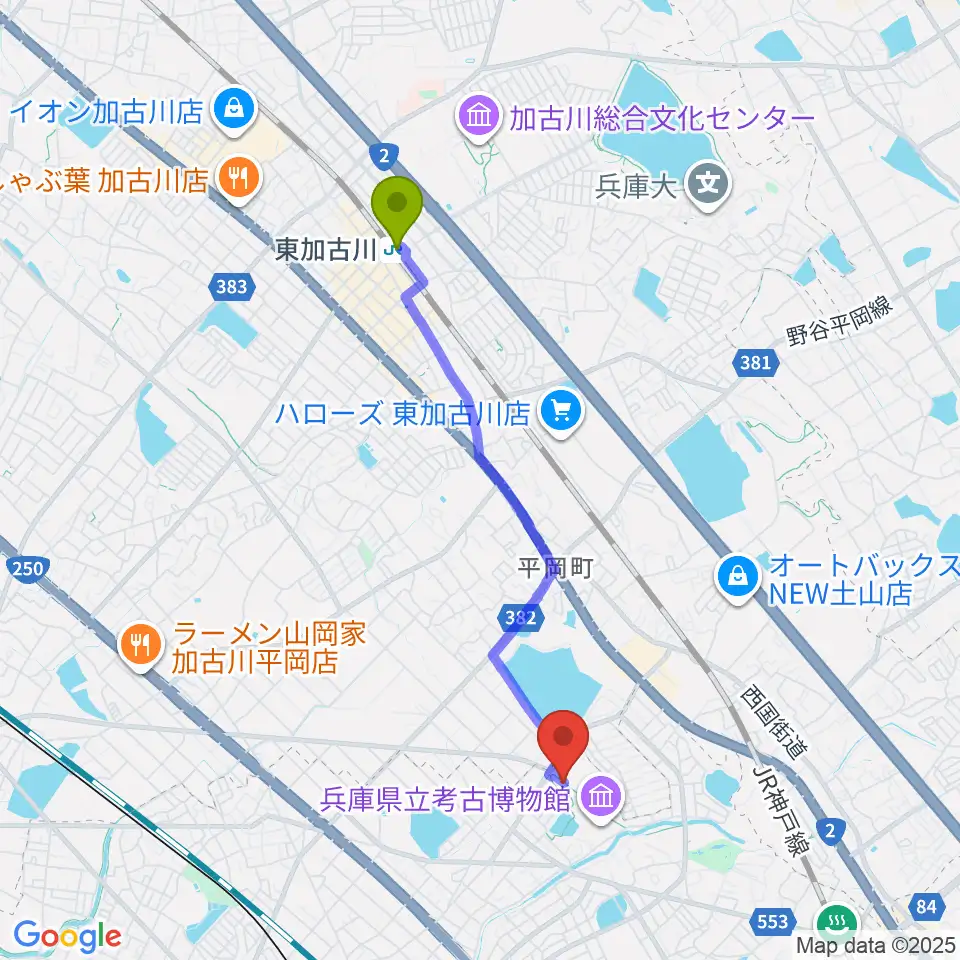 東加古川駅から播磨町郷土資料館へのルートマップ地図